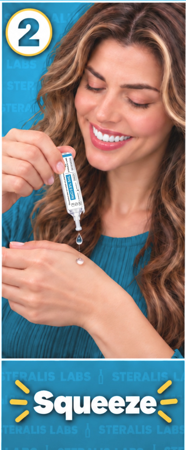 Step 2 — Squeeze: woman squeezing drops from a Steralis Labs 0.9% saline ampoule